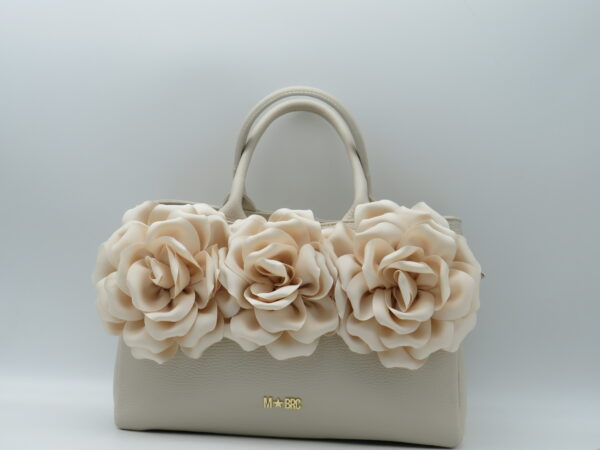 MBRC BORSA GRANDE A MANO PELLE AVORIO ROSE DI RASO