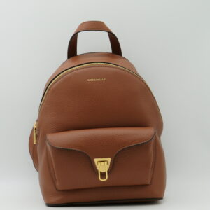 COCCINELLE ZAINO MEDIO STONDATO CON TASCA IN PELLE COGNAC