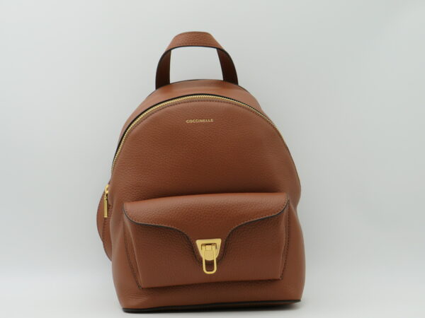 COCCINELLE ZAINO MEDIO STONDATO CON TASCA IN PELLE COGNAC
