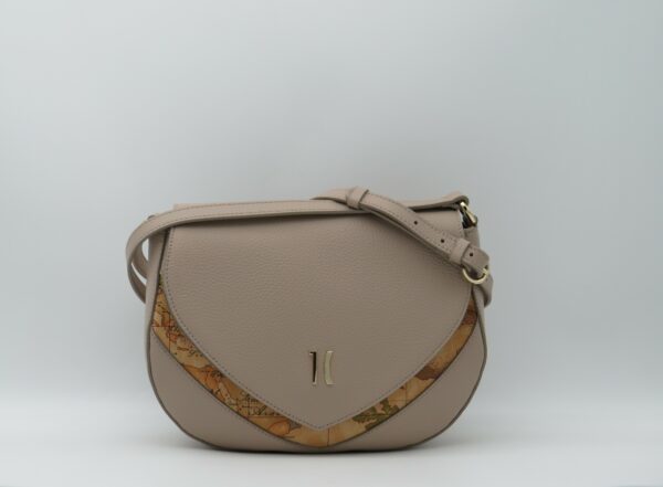 ALVIERO MARTINI 1'CLASSE TRACOLLA STONDATA CON PATTA PELLE MARTELLATA TAUPE+GEO