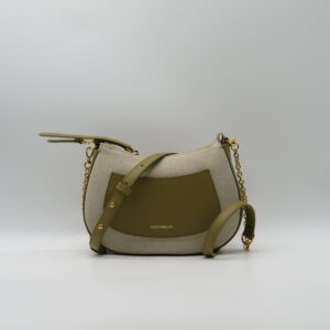 COCCINELLE TRACOLLA STONDATA CANVAS NATURALE + PELLE VERDE ALGA