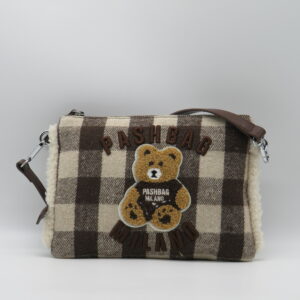 PASH BAG TRACOLLA PIATTA LANA TARTAN MARRONE/BIANCO ORSETTO