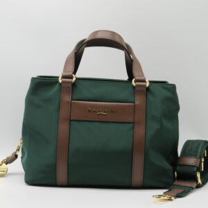 NANNINI BORSA MEDIA MANO/TRACOLLA TESSUTO VERDE BOTTIGLIA+PELLE CUOIO