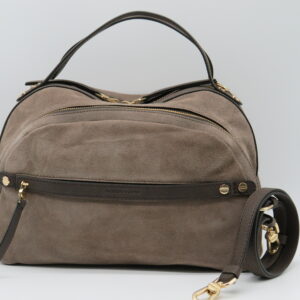 BORBONESE SEXY BAG MEDIA A MANO CON TRACOLLA CAMOSCIO CENERE+ PELLE CACAO